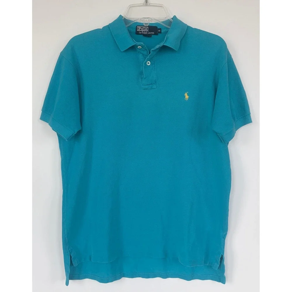 Vintage Polo Ralph Lauren Mens Turquoise Blue Pique Polo Shirt Made in USA Med